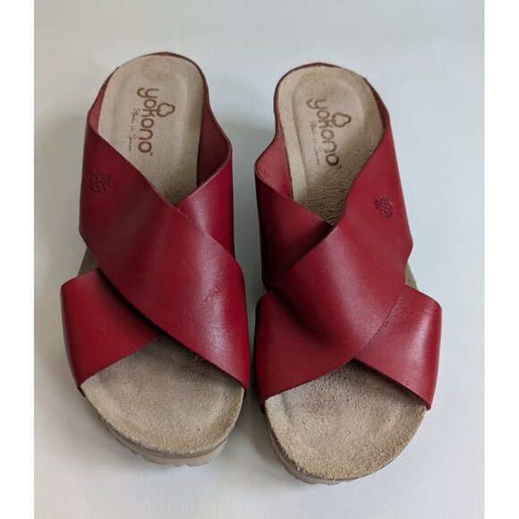 Yokono Mora Wedge Red Leather Cork Sandal Women's Size 9 - Picture 2 of 6